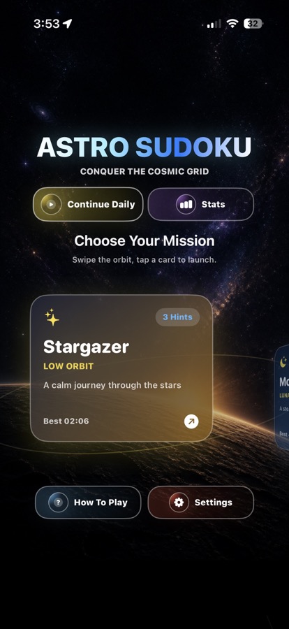 Astro Sudoku mission selection screen