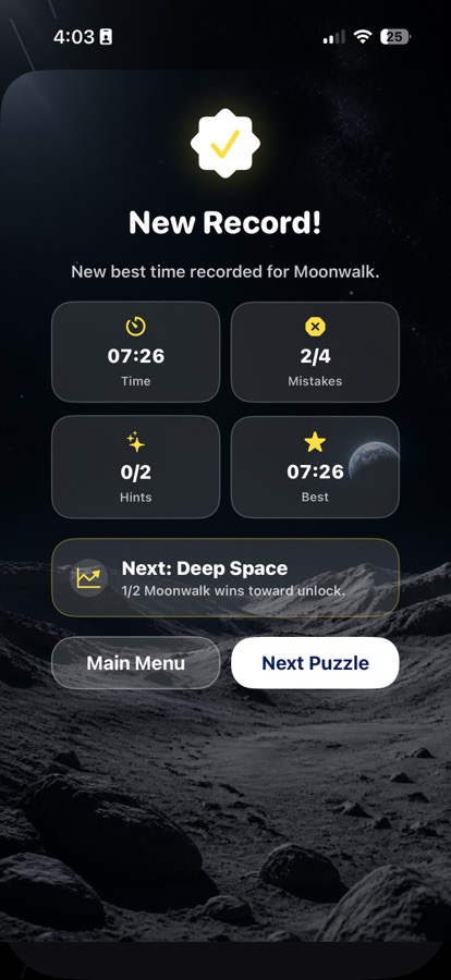 New record screen showing mission statistics